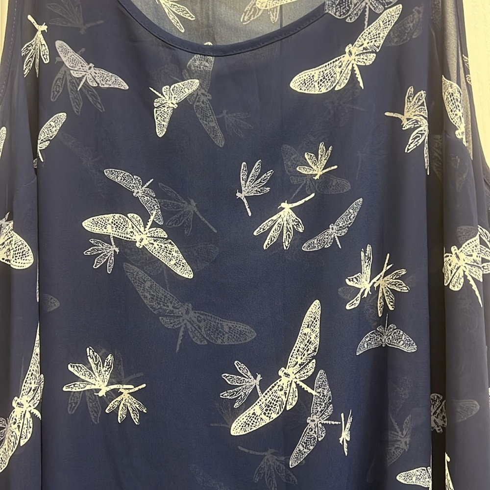 Torrid Navy Sheer High Low Dress w/ White Dragonfly Print and Ruffle Hem Size 2 - Picture 4 of 5